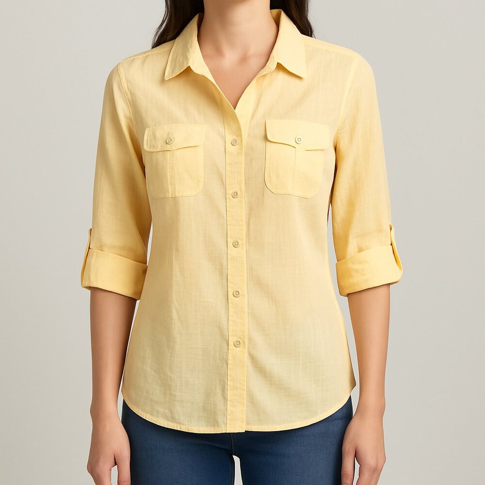Karen Scott Yellow‎ Button-Front 3/4 Sleeve Blouse